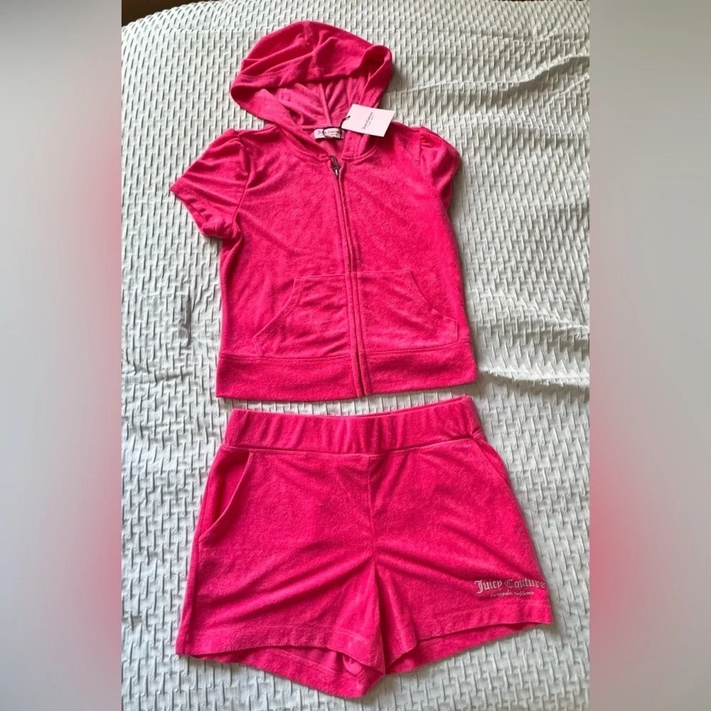 Juicy Couture Fuchsia Towel Set Short Sleeve Zip Up and Shorts